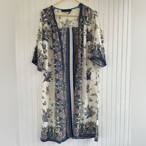 Blue Rain Francesca's Cream Blue Long Floral Paisley Kimono Cardigan Size Small